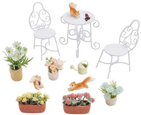 FREEBLOSS 13 Stück Puppenhaus Möbelset Miniatur Terrassenset Mit Mini Tisch Und Stühlen Gartenpflanzen Mini Eichhörnchen Dekor Puppenhaus Möbel Und Zubehörset