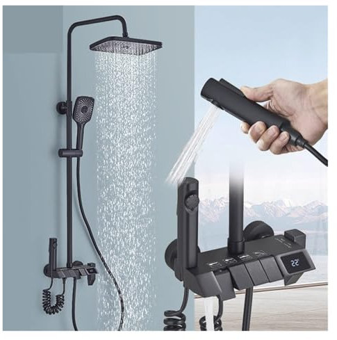 SnamicE Thermostatic Shower Mixer Set Black Piano Digital Shower Set Intelligent Brass Bathroom Faucets Hot Cold Waterfall Tap Rainfall Gray Shower System,Grey Digital B-1,Grey Digital a-White