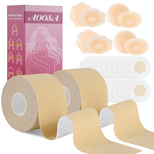 AOOSA 2x5M Boob Tape, 8pzs Pezoneras Adhesivas Invisibles y Silicona