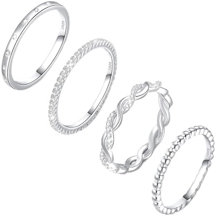 Diorra Sterling Silver Ring for Women, 4PCS Thin Stackable Rings Cubic Zirconia Thumb Ring Set Engagement Statement Wedding Bands for Women Size 5-10