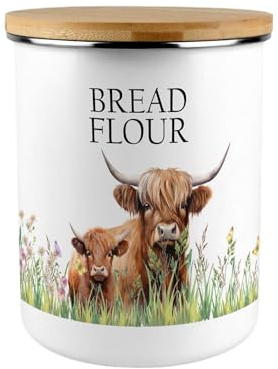Purely Home Highland Cow & Calf Bread Flour Canister - Countryside Farm Animals Large Enamel Kitchen Pantry Food Storage Container Gift