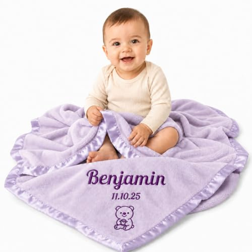 Babydecke Personalisiert für Mädchen, Individuelle Babydecke für Neugeborene, Personalisierte Babydecken mit Namen, Tieren und Geburtsdaten als Babypartygeschenk zum Ersten Geburtstag (Violett)