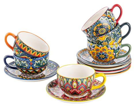 Henten Home Kaffeeservice Porzellan, Kaffeeset Bunt 6er, 250ml Handbemalt Kaffeetassen Set für 6 Personen, Beinhaltet Kaffeetassen, Untertassen