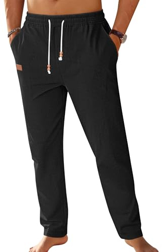 TARAINYA Pantaloni Cotone Lino Uomo Casual con Cordino in Vita e Tasche per L'Estate Nero L