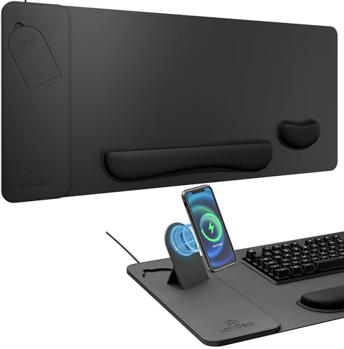 Ergonomic Tilt Phone Stand 15W Magnetic Foldable Wireless Charger Mouse Pad | 90×40cm Leather Charging Desk Pad with Wrist Rest for Gaming Office Home Minimalist & A Ring Adapter for Non-Magsafe Phones