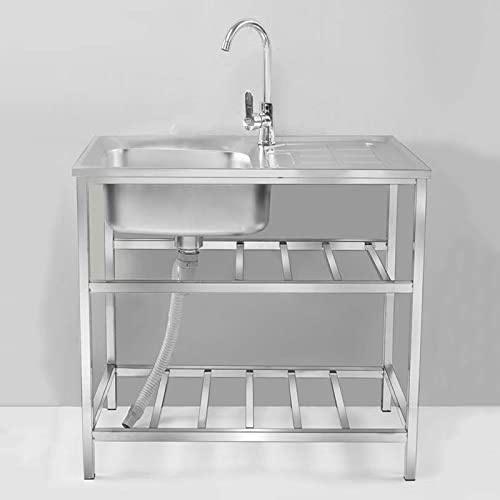 Évier utilitaire autonome en acier inoxydable avec grille et trou unique, design moderne poli pour garage, restaurant, cuisine, buanderie, intérieur et extérieur