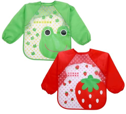 MIRKUZI Bavoirs pour les repas de bébé, 2 bavoirs à manches longues, bavoirs d'allaitement, blouses pour bébé, tabliers imperméables, tabliers de dessin, adaptés pour peindre et jouer (rouge, vert)
