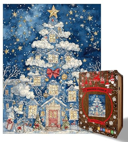 281 Pieces Wooden Irregular Christmas Tree House Jigsaw Puzzle Multifunctional Piggy Bank Money Saving Box Holiday Decor Gift for Adults Family