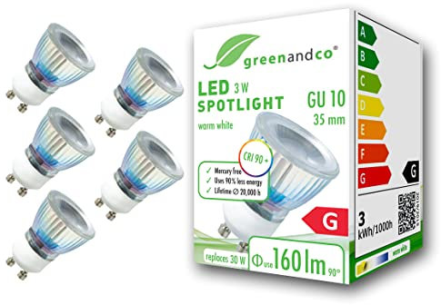 greenandco 5x bombilla LED GU10 35mm | 3W 160 lm | 3000K blanco cálido | 50° | 230V | CRI 90+ | sin parpadeo | no regulable