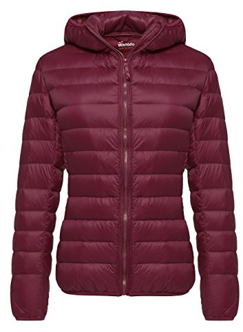 Wantdo Piumino Leggero Ripiegabile Giacca con Cappuccio Antivento Giubbotto Corto Slim Fit Capispalla da Montagna Caldo Invernale Donna Rosso Vino XXL