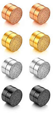 JewelryWe Schmuck Magnet Ohrringe Edelstahl sandgestrahlt Fake Plug Magnetisch Rund Ohrstecker Tunnel Non-Piercing Ohrclips für Herren Damen Schwarz/Silber/Gold/Rosegold