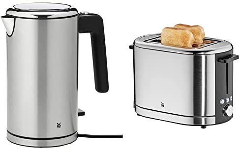 WMF Lono Wasserkocher doppelwandig (2400 Watt, 1,3 l) cromargan matt/silber & Lono Toaster Edelstahl, Doppelschlitz Toaster mit Brötchenaufsatz, für XXL-Toast, 7 Bräunungsstufen, 900 W, edelstahl matt
