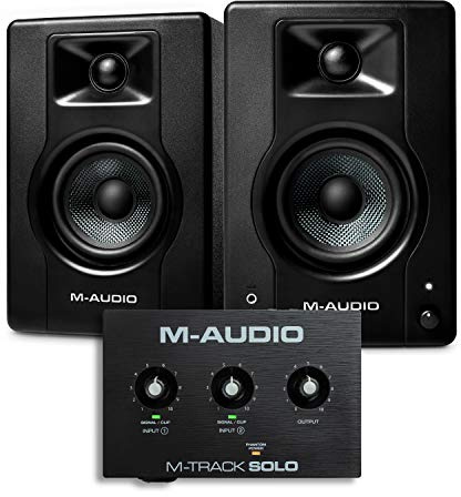 M-Audio Pack d’Enregistrement, Streaming et Podcasting – M-Track Solo Interface Audio USB, Enceintes BX3 120W ainsi que suite de logiciels inclus