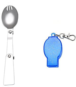 MAJFK Edelstahl Besteck Campingbesteck Essbesteck Outdoor Campingbesteck Klappbesteck Outdoor Besteck Utensil Picknick Besteck Faltbarer Löffel Leichtes Besteck mit Aufbewahrungstaschen,Blau + Gabel