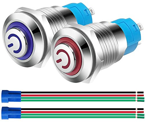 Gebildet 2pcs 12mm Autobloquant Interrupteur,Acier Inoxydable Verrouillage Bouton Interrupteur, Normalement Ouvert SPST 230V AC 3A Interrupteur Étanche avec Fiche à Douille(Bleue+Rouge,Tête Haute)