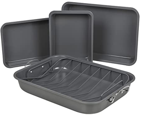 Homiu Set of 5 Roasting Baking Tin Trays | Cooking Oven Dish Bakeware Stainless Steel | Non-Stick, Multi-Pack, Dishwasher Safe Stackable Oven Trays