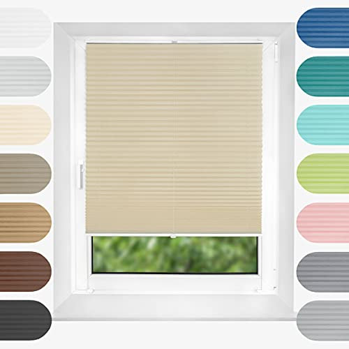 Birrke® Plissee Ohne Bohren Klemmfix 75x200 cm - Fenster Plisseerollo mit Bequemer Oben-Unten Funktion - Plissees für Sonnenschutz und Sichtschutz - Einfache Montage - Sandy Beach, Ecru