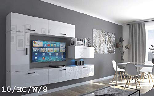 Furnitech Wohnwand Wohnzimmer | Wohnzimmer Möbel mit LED Weiß | Hängend Wohnwand Modern | Wohnzimmer Schrankwand mit Regale und TV Schrank (Future 10/HG/W8 1A)