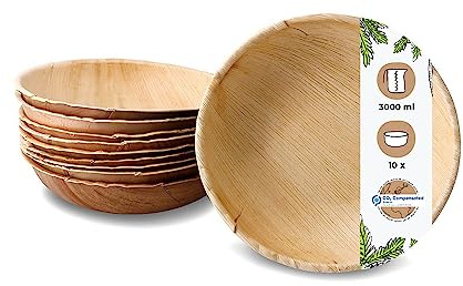 GREENBOX Palmware - umweltfreundliches Einweggeschirr aus Palmblättern I 10 Stück Palmblatt Schale rund 3000ml Ø30cm I Salat-Schüssel Dipschalen Suppenschale Servierschale Snackschale, Beige