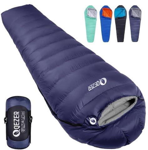 QEZER Down Mummy Sleeping Bag for Adults, 3 Season Lightweight Compact for Camping Backpacking Hiking, 45°F to 18°F Sleeping Bag with 600 Fill Power Down