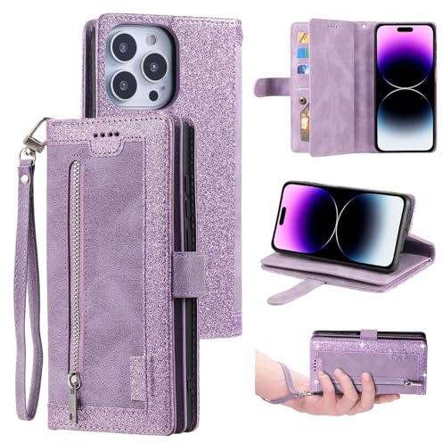 UEEBAI Wallet Case for iPhone 14 Pro Max 6.7 inch, Retro 9 Card Holder Slots Zipper Pocket Handbag Case PU Leather Magnetic Closure Kickstand with Wrist Strap TPU Shockproof Flip Case - Glitter Purple