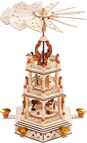 BRUBAKER Weihnachtspyramide - 3-stöckige drehbare Holzpyramide - Weihnachtsdekoration mit 3 Etagen - 44 cm Höhe - handbemalte Figuren Weihnachten - Natur Braun