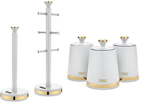 Tower Cavaletto Modern & Contemporary Kitchen Storage Set. Set of 3 Tea, Coffee & Sugar Canisters, Mug Tree & Towel Pole in Optic White with Champagne Gold Accents