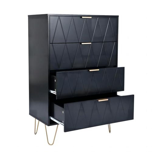 UEV Kommode mit Schublanden, 60 x 34 x 91 cm,Schrank mit 4 Schubladen, Schmal Kommode,Aufbewahrungskommode,Schrank für Wohnzimmer,Schlafzimmer,Flur(schwarz)