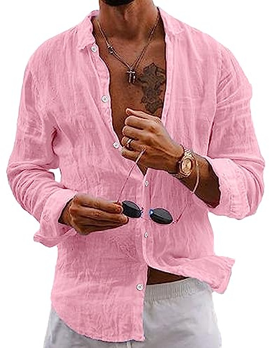NIBESSER Camicia Uomo Estiva Manica Lunga Elegante Lino Casual con Bottoni Tinta Unita Camicia Cotone Uomo Estiva Fresca per Mare Spiaggia Vacanza, Rosa, S