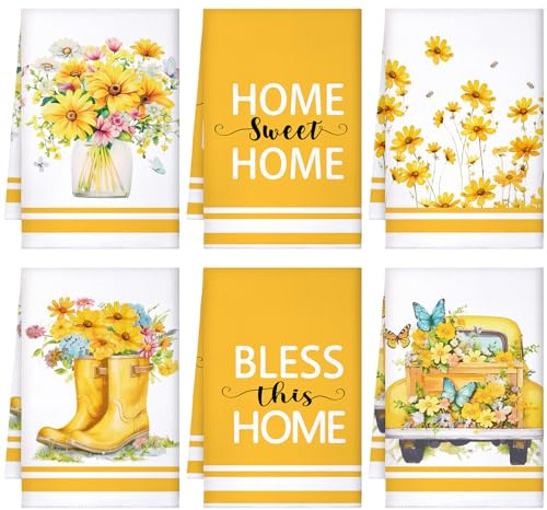Boyiee Set of 6 Yellow Flower Kitchen Towels Decorative Floral Tea Towels Absorbent Home Dish Towels 24 x 16 Inch Truck Reusable Hand Towel Housewarming Gift for Farmhouse Kitchen Bathroom Decoration