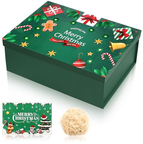 Weihnachten Geschenkbox Set, Geschenkboxen mit Deckel, Geschenkschachtel mit Deckel, Weihnachtsbaumboxen,Grünen und Roten Weihnachtsmotiven für Weihnachten Geschenk Verpackung (29*22*10.5cm, Grün)
