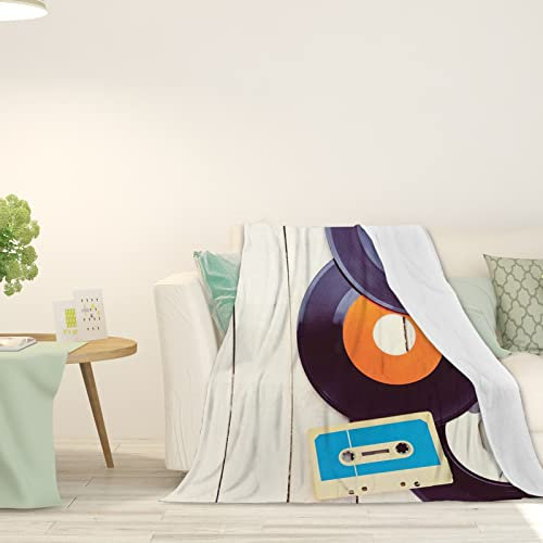 FJAUOQ Musik-Thema, verdickte Flanelldecke, altes Grammophon auf Tablet, weiche Kunstfelldecke für Erwachsene, dekorativ für Schlafsofa, Blau, Orange, Schwarz, 152,4 x 127 cm
