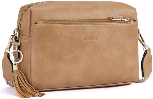 Roulens Damen Handy Umhängetasche,Veganem Leder Crossbody Schultertasche,Breiter Riemen Abendtasche mit drei Reißverschlussfächern Handtaschemit mit Kartenschlitz Verstellbar Abnehmbar Schultergurt