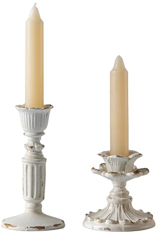 SOFE Resin Small Taper Candle Holders Set of 2, Candle Stick Holder Vintage, Antique Rustic Candle Holder, Distressed White Gold Candlestick Holder, Birthday Home Party Table Decor (Flower Design)