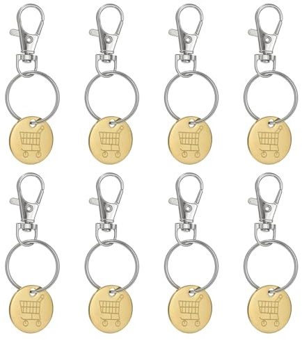 PATIKIL Shopping Trolley Token Key Ring, 8 Pack Stainless Steel Grocery Cart Remover Coin Keychain Unlock Release Key for Meters, Change, Gold Tone