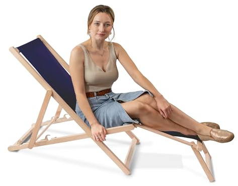 DreamRoots Liegestuhl klappbar Holz mit fußteil bis zu 130 kg belastbar, 3-Fach verstellbare Rückenlehne, waschbarer Polyesterbezug