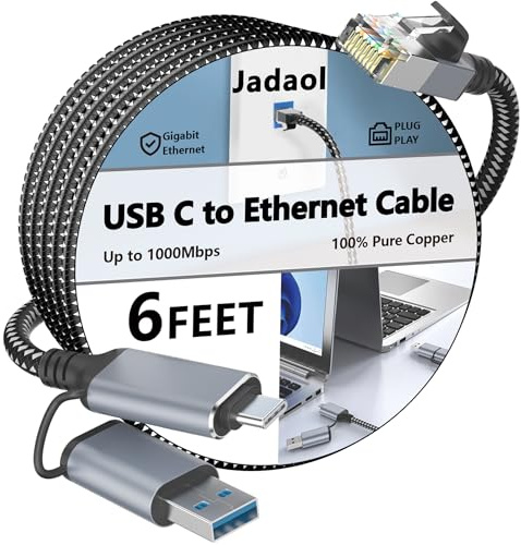 Câble USB C vers Ethernet de 1,8 m, sans pilote de type C vers RJ45, compatible Thunderbolt 3/4, Plug & Play, nylon tressé, LAN Gigabit 1 Gbit/s pour MacBook Pro/Air, iPhone 15 Pro/Max, Dell XPS,