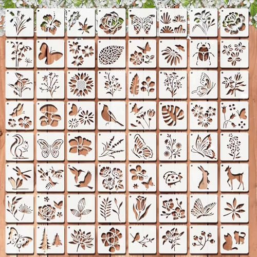 Yeomju 64 Stück Blumen Schablonen Malen Stencil Papier,DIY Malschablonen,Brandmalerei Blume Blätter VogelVorlagen für Scrapbooking Holz Möbel Deko