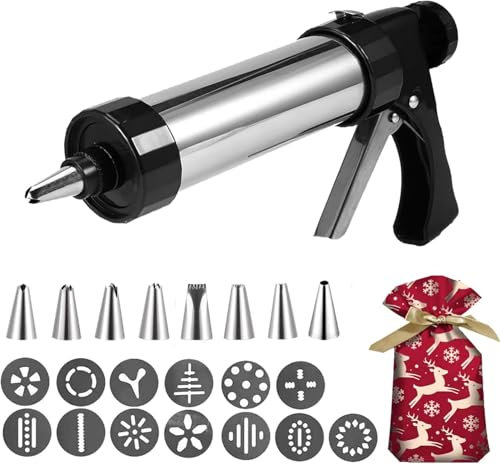 MUSLONG Gebäckpresse, Edelstahl Plätzchenpresse Garnierspritze Gebäckspritze Kekshersteller Keksmaschine Kekspresse DIY Backzubehör Garnierspritze mit 13 Schablonen und 8 Tüllen für Kuchen Kekse