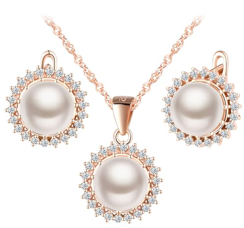 MicLee Collares colgantes y pendientes de perlas para mujer: Juegos de joyas de plata 925 - Pendientes y collar de estilo girasol con circonitas - Joyas de boda elegantes - Joyas de fiesta