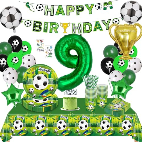 Fussball Geburtstag Deko 9 Jahre,Fussball Partygeschirr Set, Fußball Luftballon 9. Geburtstag,Geburtstagsdeko Jungen 9 Jahre,Pappteller Tischdecke für Fussball Party Kindergeburtstag 16 Gäste