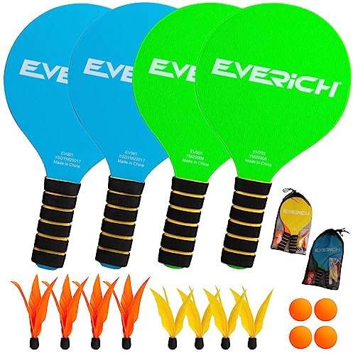 U&C Planet Beachball Set Paddle Ball Game Wooden Beach Bat Set Racket Game for Children&Family 4 Paddles 4 Balls, and 8 Birdies Toys for Garden Beach Party