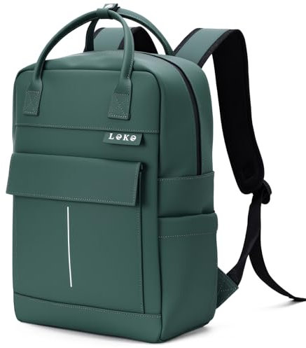 Lekespring Rucksack Wasserdicht Damen Herren, 15,6 Zoll Leder Laptop Schulrucksack mit Laptopfach, Groß Reiserucksack Arbeitstasche, Minimalistischer Backpack Women Elegant für Reise Uni Büro-Grün