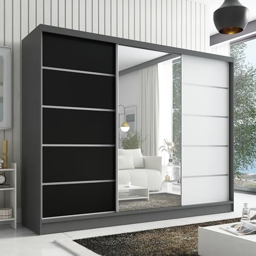 A&J MöbelLand Kleiderschrank Aurelia 1 – Schwebetürenschrank 200 cm breit mit Spiegel, 3-türig, Kleiderschrank mit Schubladen, Schiebetürenschrank für Schlafzimmer oder Garderobe