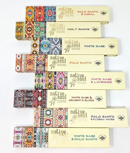 Native Soul Lot de 8 bâtons d'encens JRose – Palo Santo, sauge blanche, lavande, sang de dragon, copal – estompage aromatique et méditation – Parfum longue durée