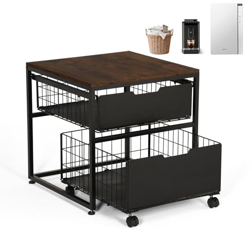 KELIXU Mini Fridge Stand with Storage Drawer, Small Refrigerator Cart with Wheels, Heavy Duty Microwave Stand, 21.7 L x 21.7 W Mini Fridge Cabinet for Dorm, Home, Office, Hold 300 LBS, Rustic Brown