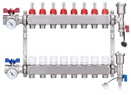 8 Heizkreise Heizkreisverteiler mit 1 Kugelhähne & Thermometer Edelstahl | Anschlüsse für Eurokonus 3/4 | 30x1,5 mm, Fußbodenheizung mit Manueller Entlüfter & Flussmesser Durchflussmesser, HKV Verteil