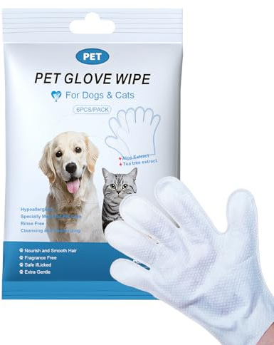 Pet Cleaning and Deodorizing Bathing Disposable Grooming Glove Wipes for Dogs and Cats, Extra Thick Nourish Fur No-Rinse Grooming Wipes for Daily Care and Travel, Hypoallergenic, Unscented, 6PCS/Pack