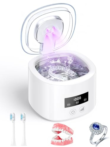 Ultrasonic Retainer Cleaner,2000mAh Rechargeable UV Ultrasonic Retainer Cleaning Machine,50kHz Portable Denture Cleaning Pod with Digital Timer for Mouthguard,Dentures,Toothbrush Heads,Jewelry,White