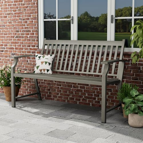 Amopatio Gartenbank mit Lehne, Sitzbank wetterfest Metall Holzimitat, für Balkon Terrasse Garten, 2-Sitzer, stabile Stahlkonstruktion bis 240 kg belastbar, UV-beständig, 128x61x90cm, Grau